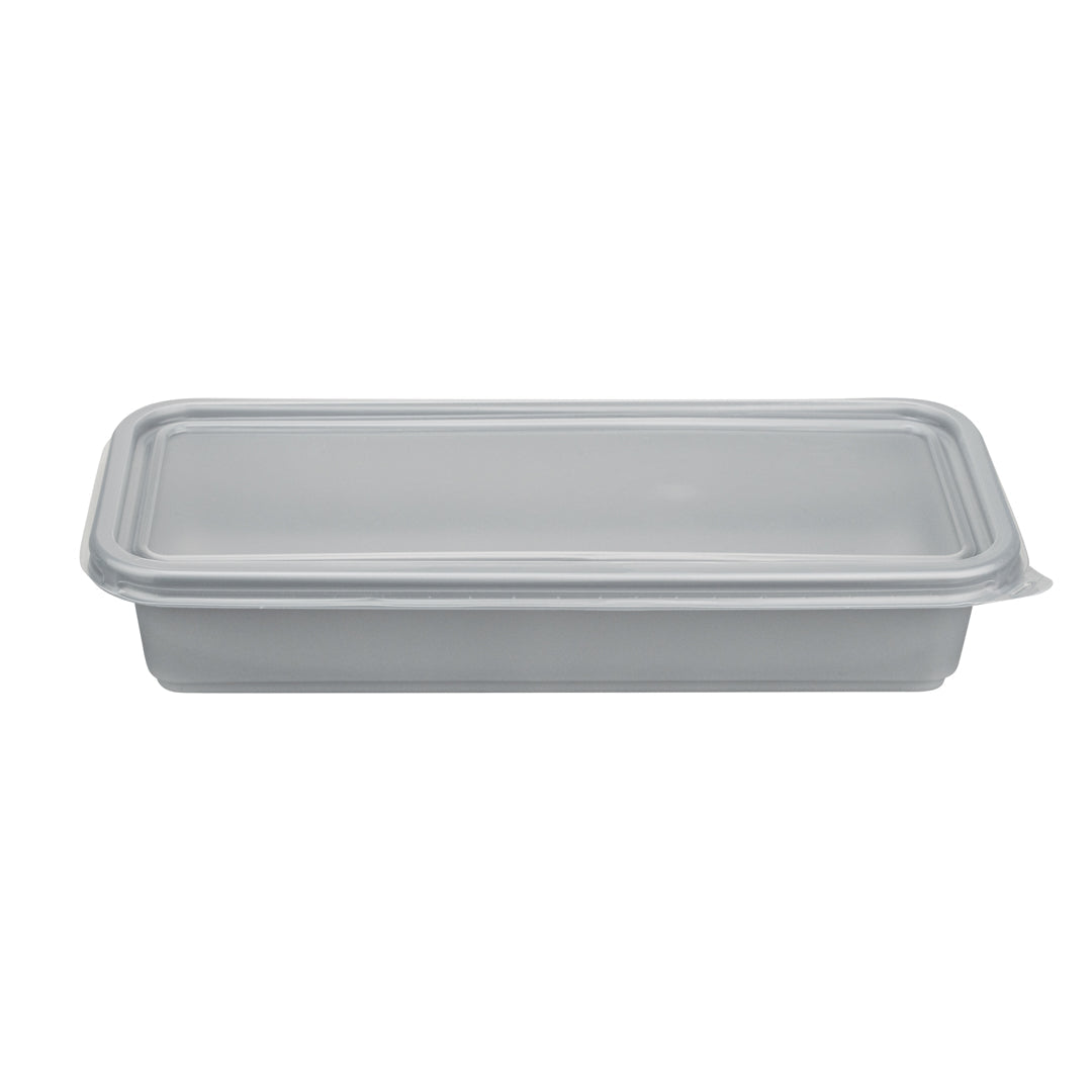 Futura 20 oz Silver Plastic Catering Container - with Clear Lid, Microwavable - 8 3/4" x 3 3/4" x 1 3/4" - 100 count box