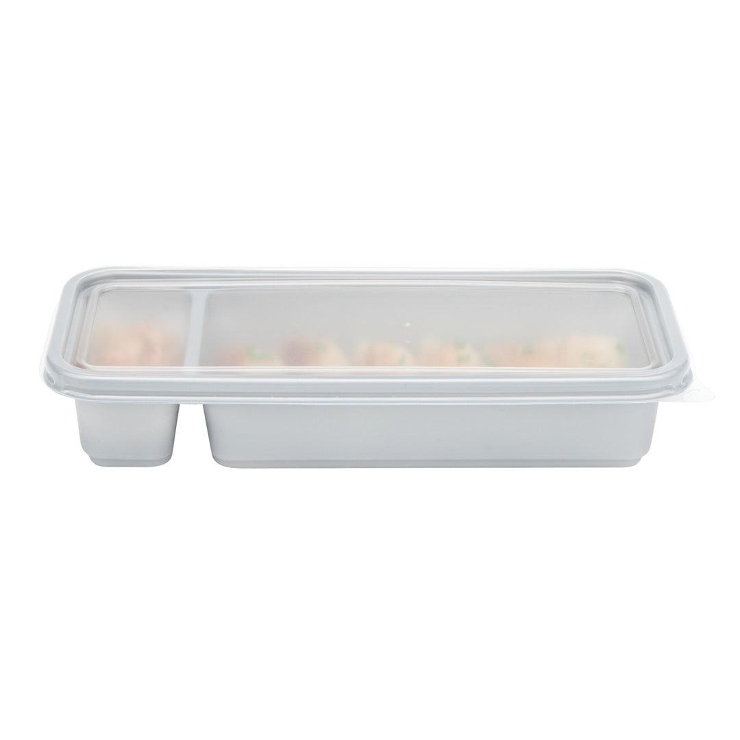 Futura 20 oz Silver Plastic 2-Compartment Catering Container - with Clear Lid, Microwavable - 8 3/4" x 3 3/4" x 1 3/4" - 100 count box