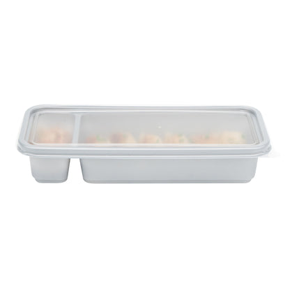 Futura 20 oz Silver Plastic 2-Compartment Catering Container - with Clear Lid, Microwavable - 8 3/4" x 3 3/4" x 1 3/4" - 100 count box