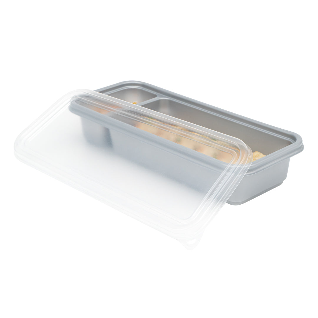 Futura 20 oz Silver Plastic 2-Compartment Catering Container - with Clear Lid, Microwavable - 8 3/4" x 3 3/4" x 1 3/4" - 100 count box