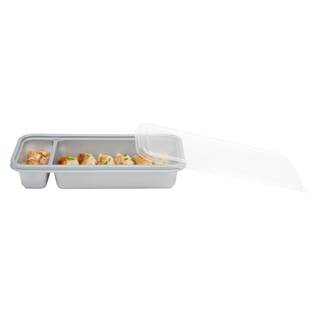 Futura 20 oz Silver Plastic 2-Compartment Catering Container - with Clear Lid, Microwavable - 8 3/4" x 3 3/4" x 1 3/4" - 100 count box