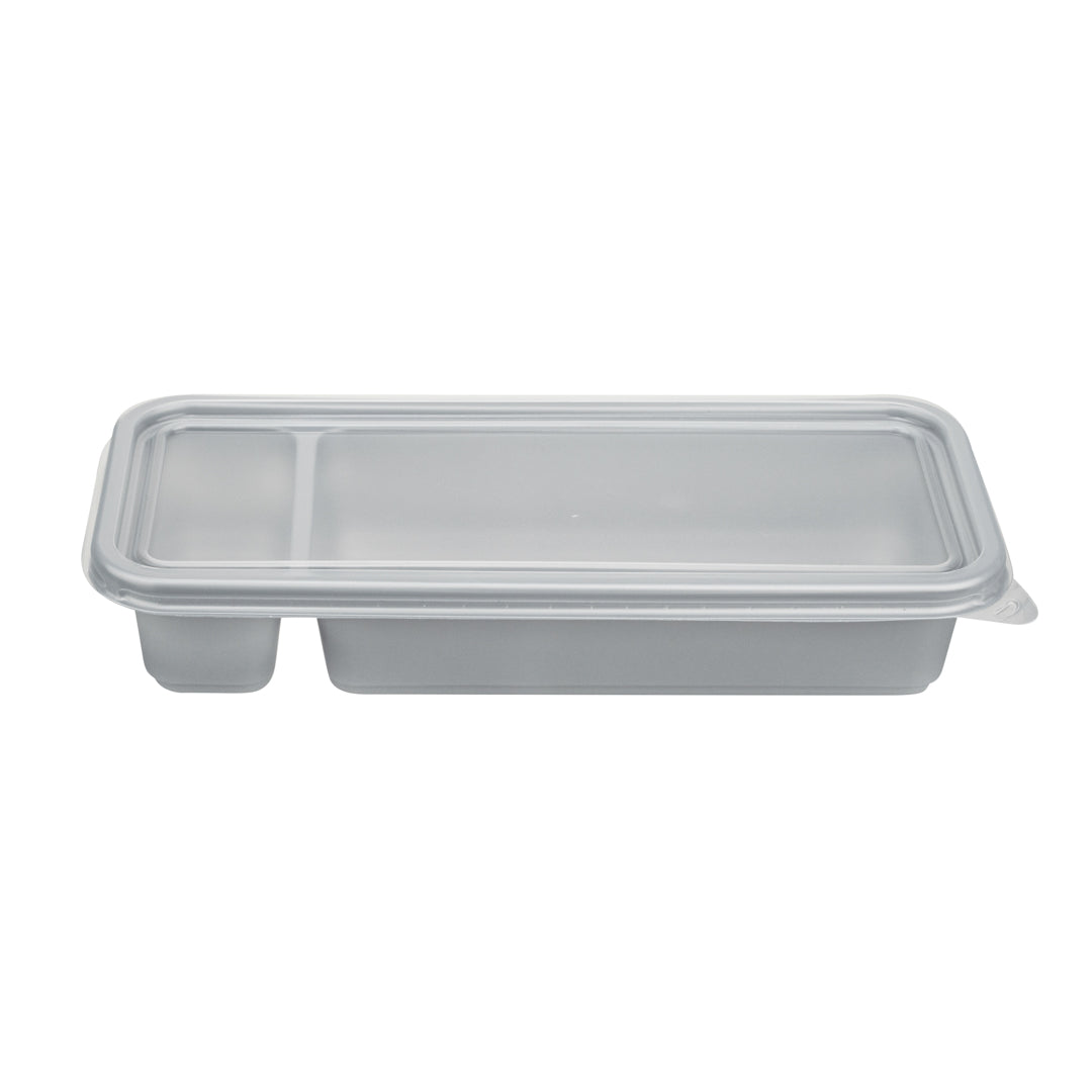 Futura 20 oz Silver Plastic 2-Compartment Catering Container - with Clear Lid, Microwavable - 8 3/4" x 3 3/4" x 1 3/4" - 100 count box