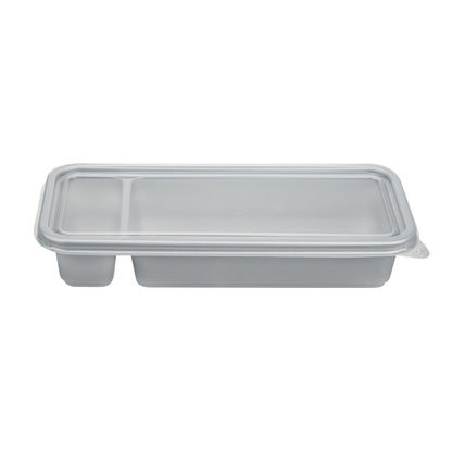 Futura 20 oz Silver Plastic 2-Compartment Catering Container - with Clear Lid, Microwavable - 8 3/4" x 3 3/4" x 1 3/4" - 100 count box