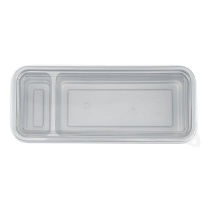 Futura 20 oz Silver Plastic 2-Compartment Catering Container - with Clear Lid, Microwavable - 8 3/4" x 3 3/4" x 1 3/4" - 100 count box