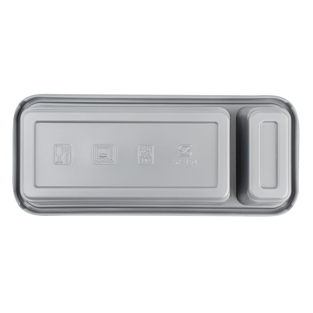Futura 20 oz Silver Plastic 2-Compartment Catering Container - with Clear Lid, Microwavable - 8 3/4" x 3 3/4" x 1 3/4" - 100 count box