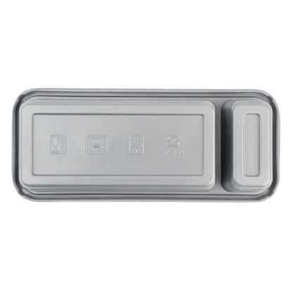 Futura 20 oz Silver Plastic 2-Compartment Catering Container - with Clear Lid, Microwavable - 8 3/4" x 3 3/4" x 1 3/4" - 100 count box