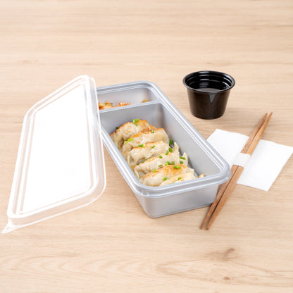 Futura 20 oz Silver Plastic 2-Compartment Catering Container - with Clear Lid, Microwavable - 8 3/4" x 3 3/4" x 1 3/4" - 100 count box