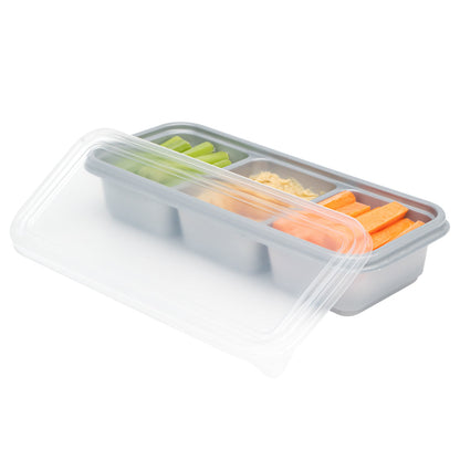 Futura 20 oz Silver Plastic 3-Compartment Catering Container - with Clear Lid, Microwavable - 8 3/4" x 3 3/4" x 1 3/4" - 100 count box