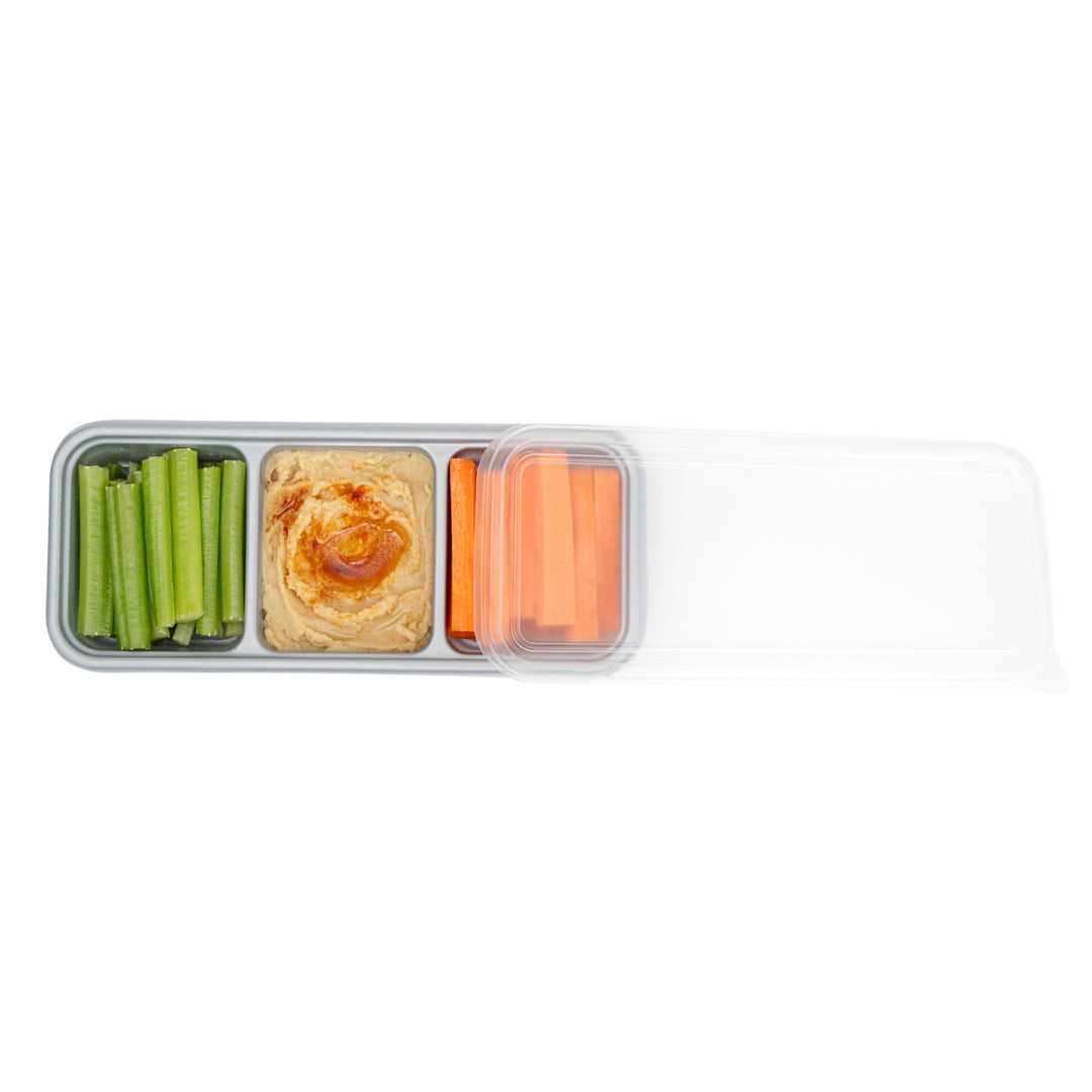 Futura 20 oz Silver Plastic 3-Compartment Catering Container - with Clear Lid, Microwavable - 8 3/4" x 3 3/4" x 1 3/4" - 100 count box