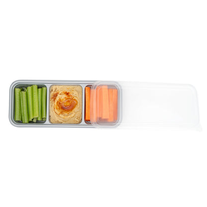 Futura 20 oz Silver Plastic 3-Compartment Catering Container - with Clear Lid, Microwavable - 8 3/4" x 3 3/4" x 1 3/4" - 100 count box