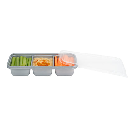 Futura 20 oz Silver Plastic 3-Compartment Catering Container - with Clear Lid, Microwavable - 8 3/4" x 3 3/4" x 1 3/4" - 100 count box
