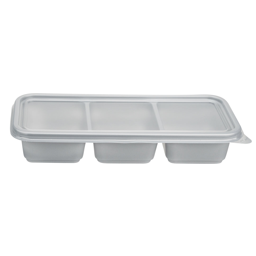 Futura 20 oz Silver Plastic 3-Compartment Catering Container - with Clear Lid, Microwavable - 8 3/4" x 3 3/4" x 1 3/4" - 100 count box