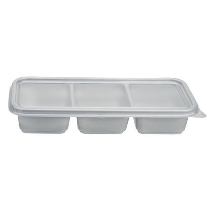 Futura 20 oz Silver Plastic 3-Compartment Catering Container - with Clear Lid, Microwavable - 8 3/4" x 3 3/4" x 1 3/4" - 100 count box