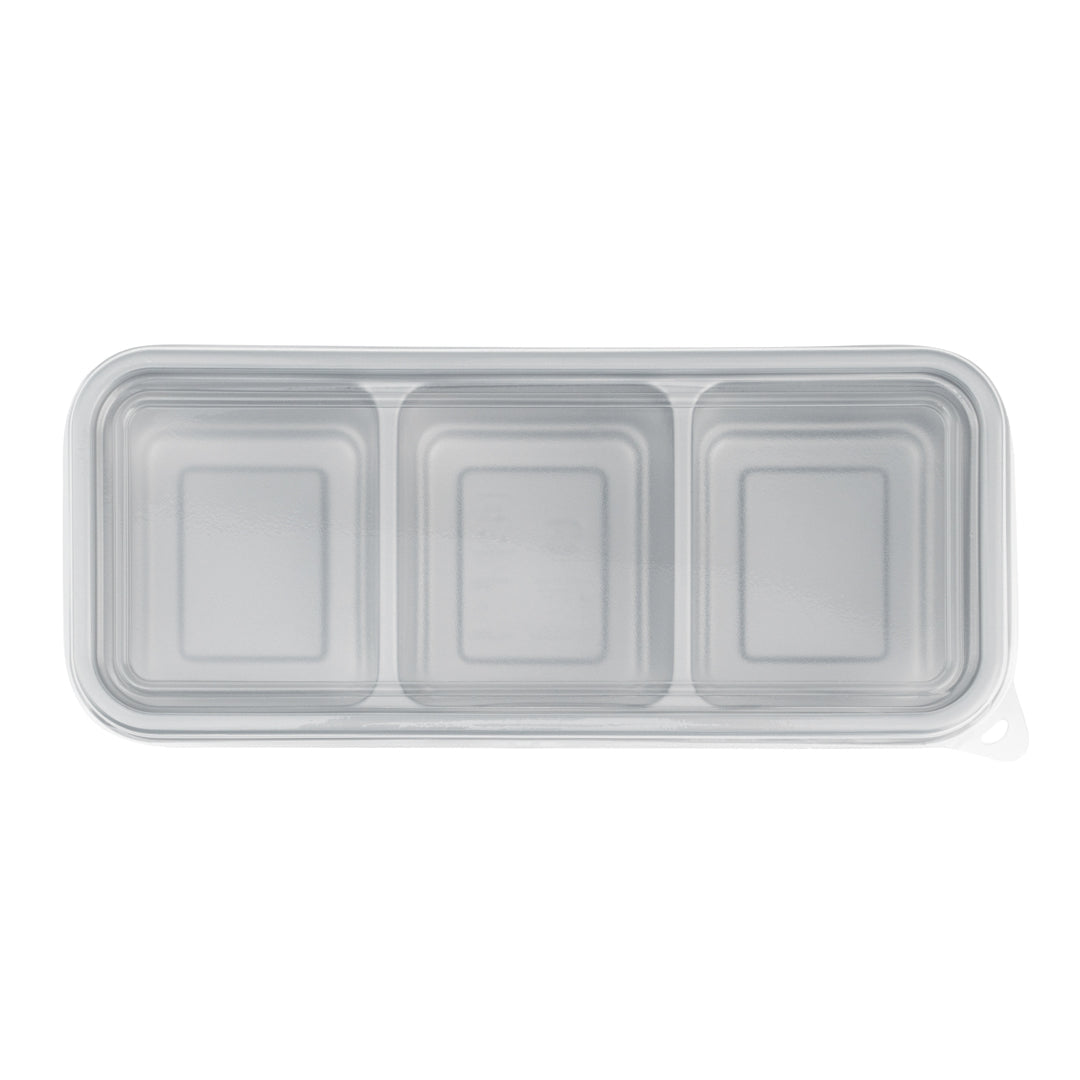 Futura 20 oz Silver Plastic 3-Compartment Catering Container - with Clear Lid, Microwavable - 8 3/4" x 3 3/4" x 1 3/4" - 100 count box