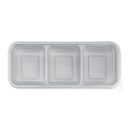 Futura 20 oz Silver Plastic 3-Compartment Catering Container - with Clear Lid, Microwavable - 8 3/4" x 3 3/4" x 1 3/4" - 100 count box