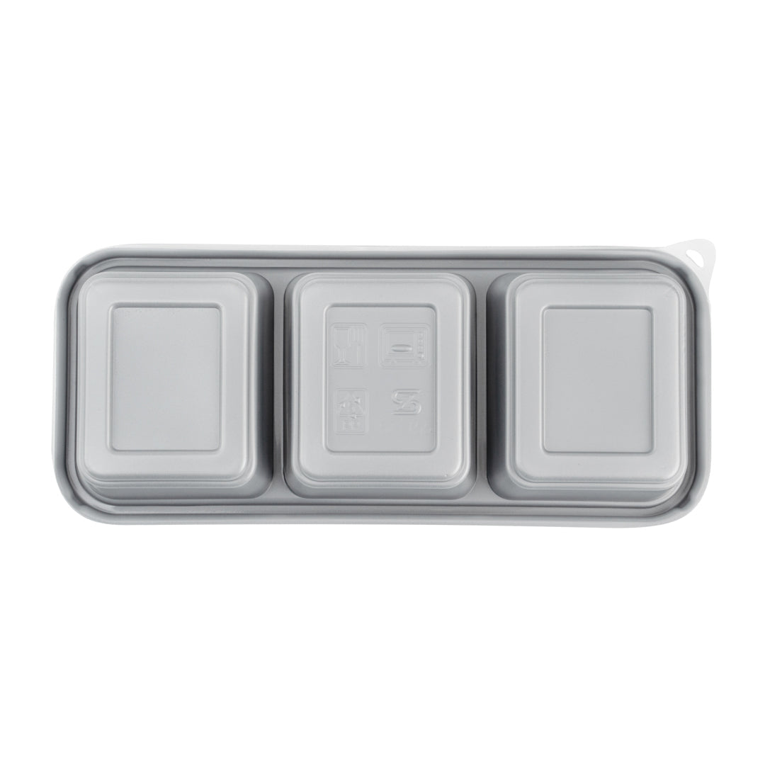 Futura 20 oz Silver Plastic 3-Compartment Catering Container - with Clear Lid, Microwavable - 8 3/4" x 3 3/4" x 1 3/4" - 100 count box