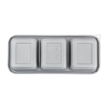 Futura 20 oz Silver Plastic 3-Compartment Catering Container - with Clear Lid, Microwavable - 8 3/4" x 3 3/4" x 1 3/4" - 100 count box