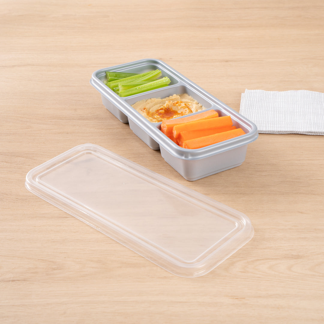 Futura 20 oz Silver Plastic 3-Compartment Catering Container - with Clear Lid, Microwavable - 8 3/4" x 3 3/4" x 1 3/4" - 100 count box