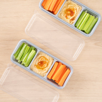 Futura 20 oz Silver Plastic 3-Compartment Catering Container - with Clear Lid, Microwavable - 8 3/4" x 3 3/4" x 1 3/4" - 100 count box