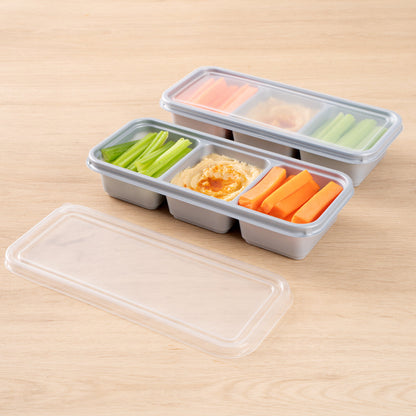 Futura 20 oz Silver Plastic 3-Compartment Catering Container - with Clear Lid, Microwavable - 8 3/4" x 3 3/4" x 1 3/4" - 100 count box