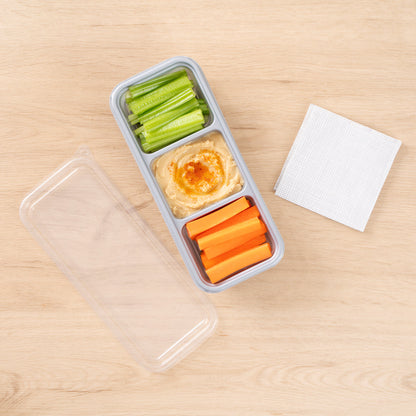 Futura 20 oz Silver Plastic 3-Compartment Catering Container - with Clear Lid, Microwavable - 8 3/4" x 3 3/4" x 1 3/4" - 100 count box