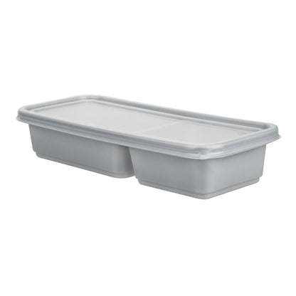 Futura 20 oz Silver Plastic Wide 2-Compartment Catering Container - with Clear Lid, Microwavable - 8 3/4" x 3 3/4" x 1 3/4" - 100 count box