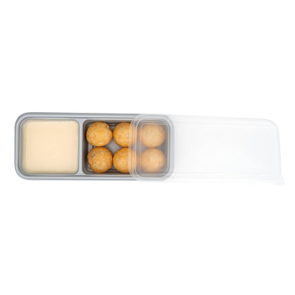 Futura 20 oz Silver Plastic Wide 2-Compartment Catering Container - with Clear Lid, Microwavable - 8 3/4" x 3 3/4" x 1 3/4" - 100 count box