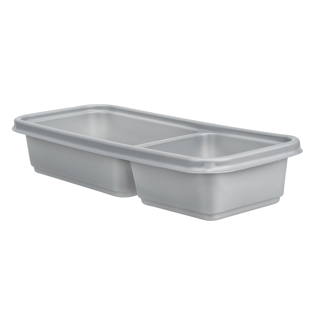 Futura 20 oz Silver Plastic Wide 2-Compartment Catering Container - with Clear Lid, Microwavable - 8 3/4" x 3 3/4" x 1 3/4" - 100 count box