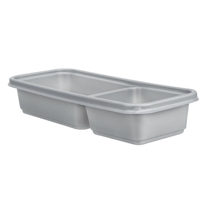 Futura 20 oz Silver Plastic Wide 2-Compartment Catering Container - with Clear Lid, Microwavable - 8 3/4" x 3 3/4" x 1 3/4" - 100 count box