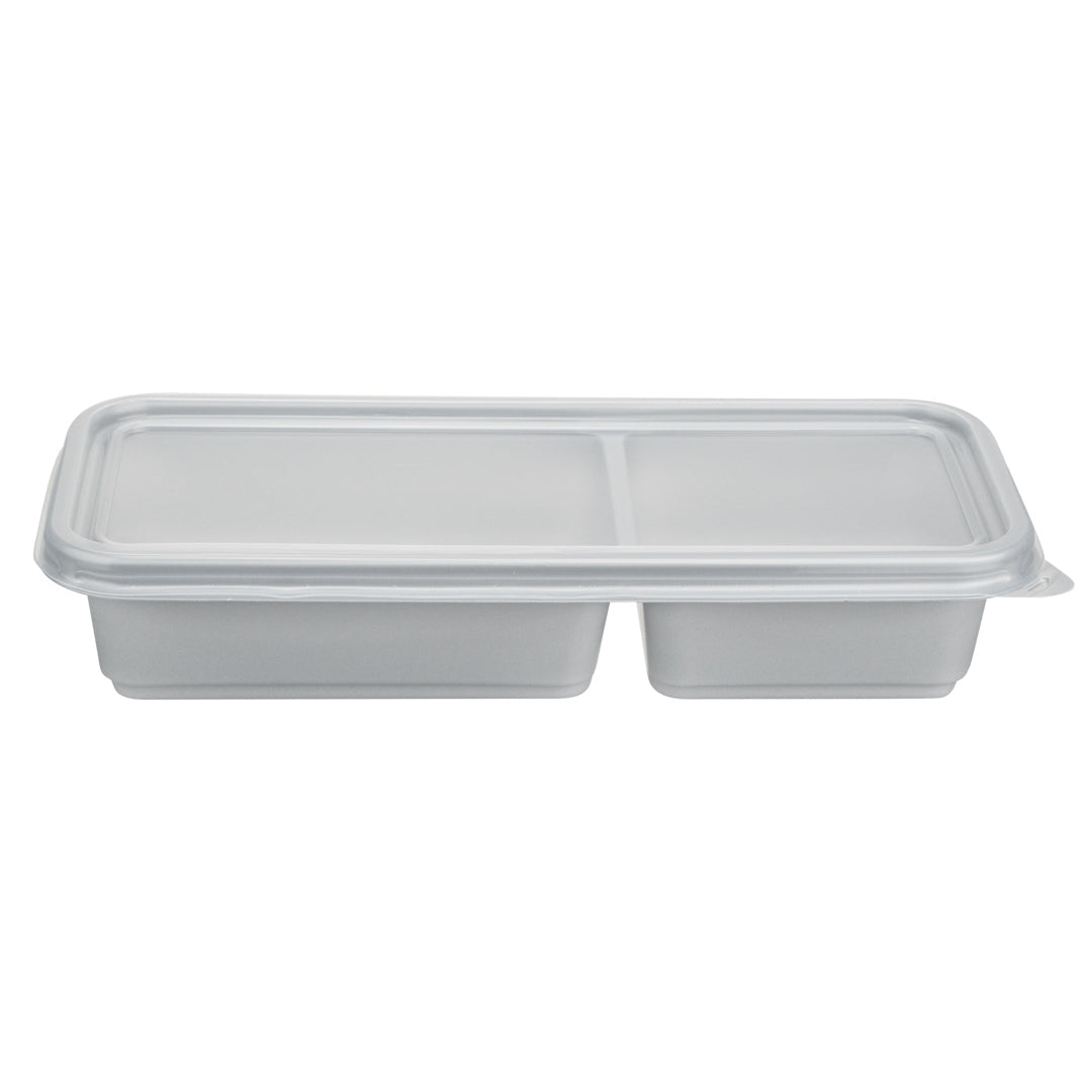 Futura 20 oz Silver Plastic Wide 2-Compartment Catering Container - with Clear Lid, Microwavable - 8 3/4" x 3 3/4" x 1 3/4" - 100 count box