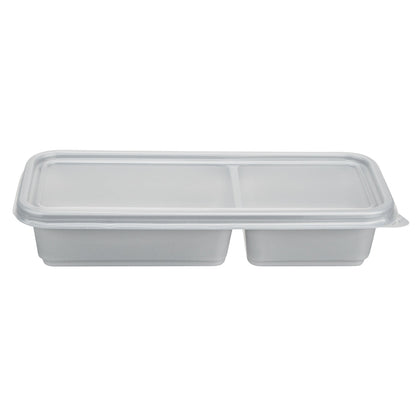 Futura 20 oz Silver Plastic Wide 2-Compartment Catering Container - with Clear Lid, Microwavable - 8 3/4" x 3 3/4" x 1 3/4" - 100 count box
