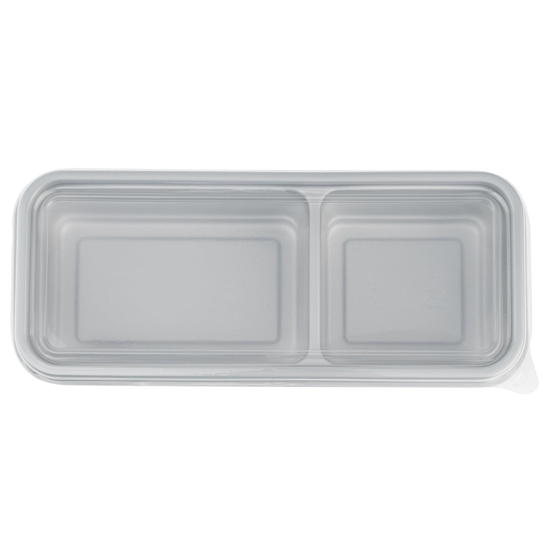 Futura 20 oz Silver Plastic Wide 2-Compartment Catering Container - with Clear Lid, Microwavable - 8 3/4" x 3 3/4" x 1 3/4" - 100 count box