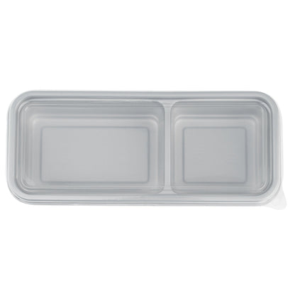 Futura 20 oz Silver Plastic Wide 2-Compartment Catering Container - with Clear Lid, Microwavable - 8 3/4" x 3 3/4" x 1 3/4" - 100 count box