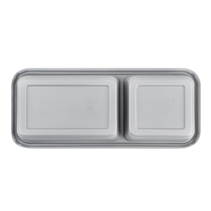 Futura 20 oz Silver Plastic Wide 2-Compartment Catering Container - with Clear Lid, Microwavable - 8 3/4" x 3 3/4" x 1 3/4" - 100 count box