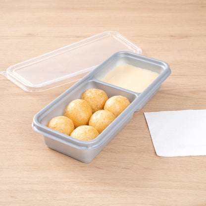 Futura 20 oz Silver Plastic Wide 2-Compartment Catering Container - with Clear Lid, Microwavable - 8 3/4" x 3 3/4" x 1 3/4" - 100 count box