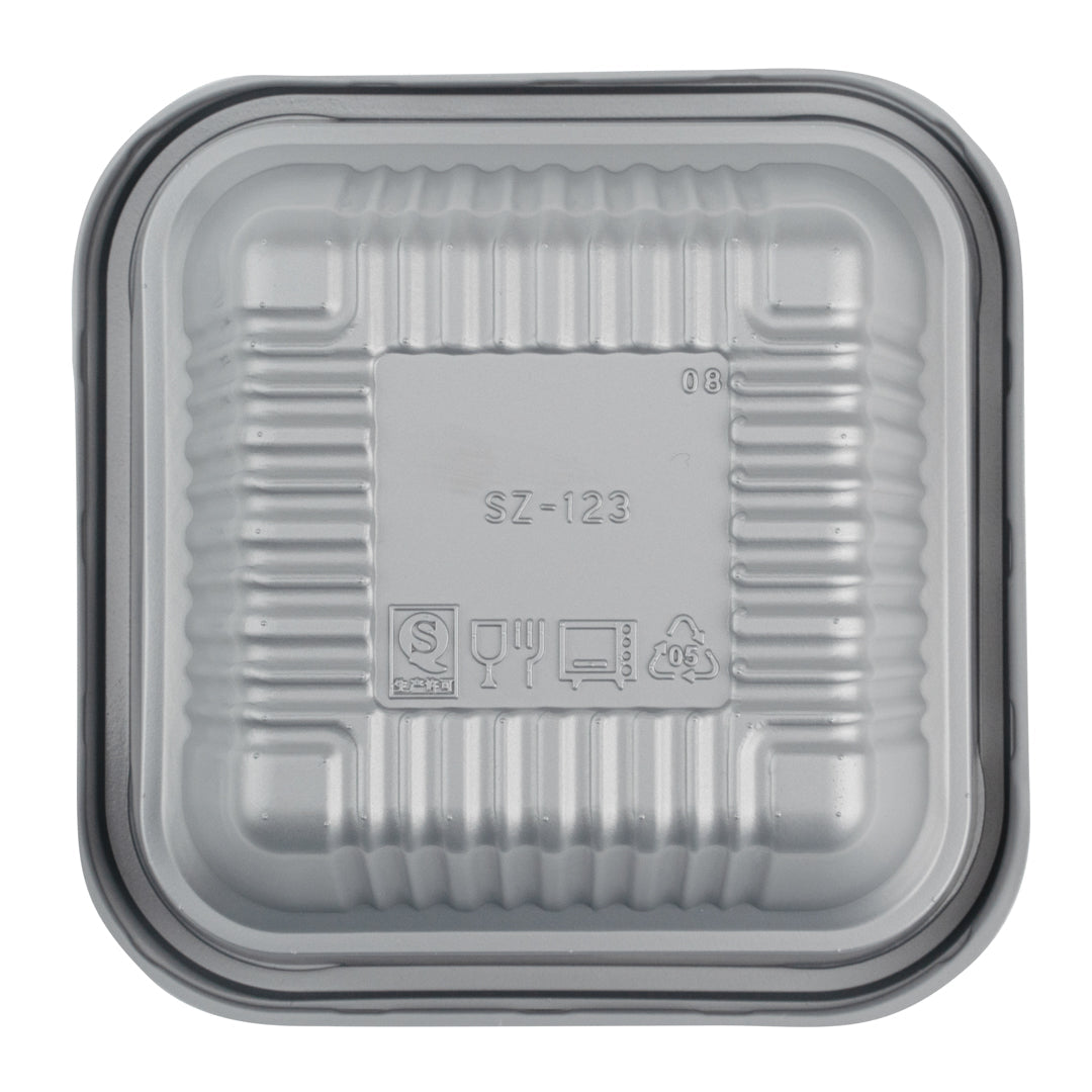 Futura 34 oz Silver Plastic Take Out Bowl - with Lid, Microwavable, Inserts Available - 6" x 6" x 3 1/4" - 100 count box