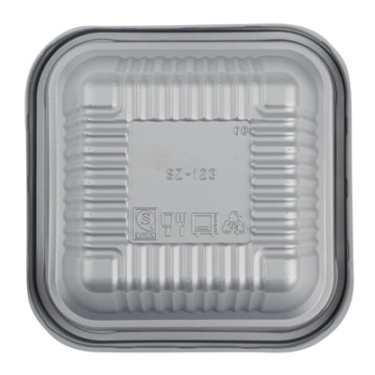 Futura 34 oz Silver Plastic Take Out Bowl - with Lid, Microwavable, Inserts Available - 6" x 6" x 3 1/4" - 100 count box