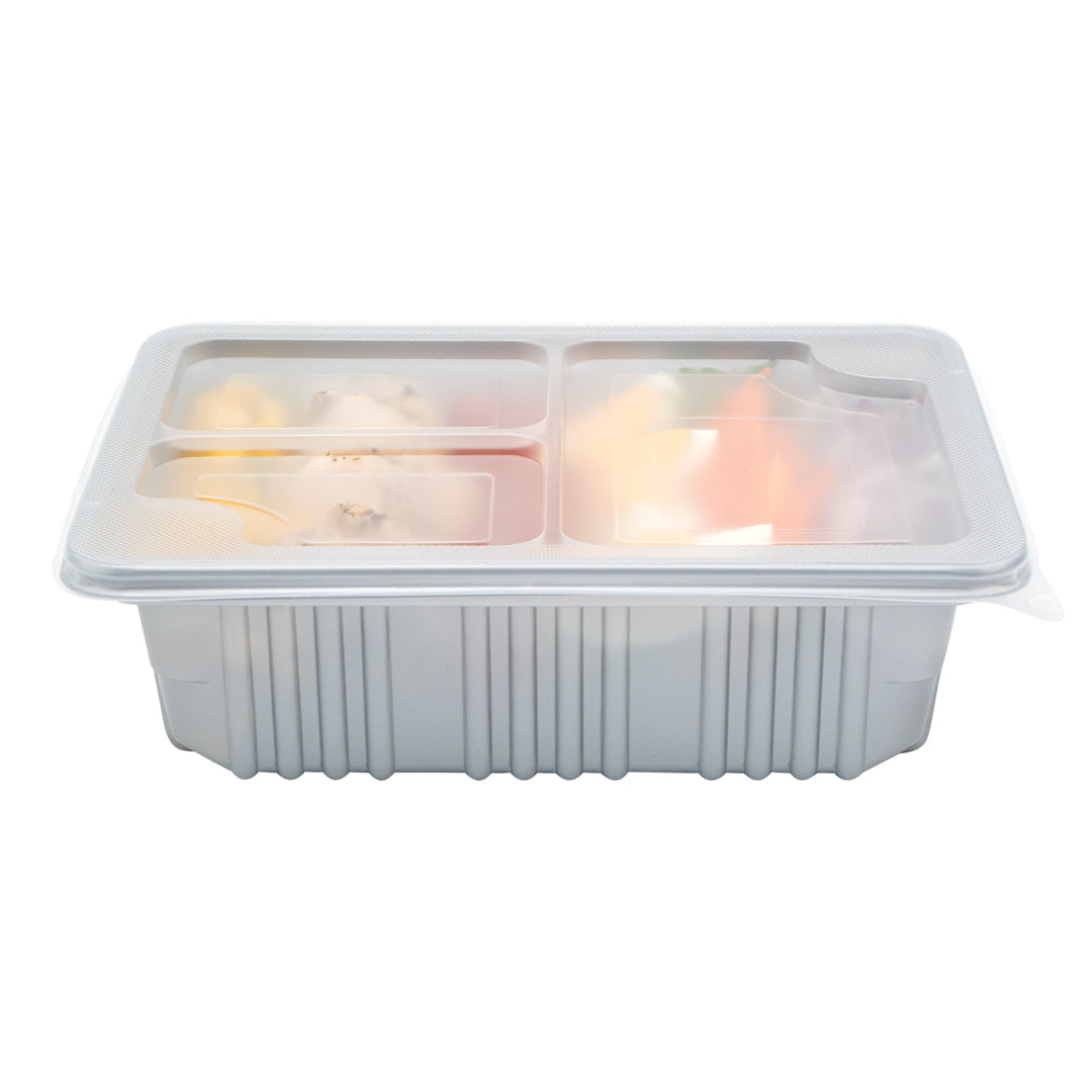 Futura 34 oz Silver Plastic Take Out Box - with Clear Lid, Microwavable, Inserts Available - 8 1/4" x 6" x 2 1/2" - 100 count box
