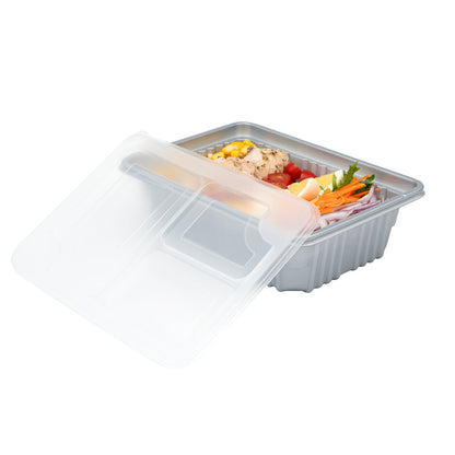 Futura 34 oz Silver Plastic Take Out Box - with Clear Lid, Microwavable, Inserts Available - 8 1/4" x 6" x 2 1/2" - 100 count box