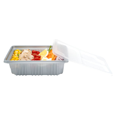 Futura 34 oz Silver Plastic Take Out Box - with Clear Lid, Microwavable, Inserts Available - 8 1/4" x 6" x 2 1/2" - 100 count box