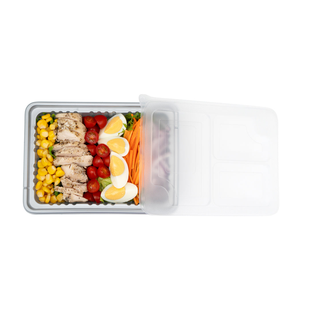 Futura 34 oz Silver Plastic Take Out Box - with Clear Lid, Microwavable, Inserts Available - 8 1/4" x 6" x 2 1/2" - 100 count box