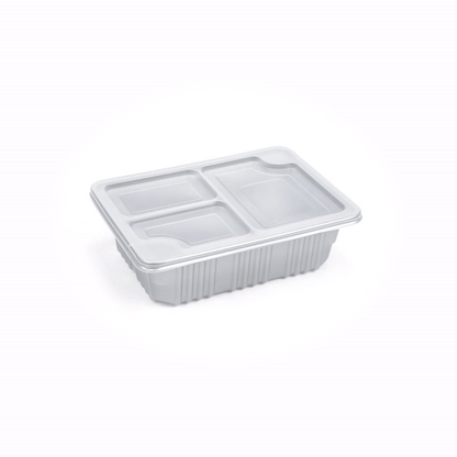 Futura 34 oz Silver Plastic Take Out Box - with Clear Lid, Microwavable, Inserts Available - 8 1/4" x 6" x 2 1/2" - 100 count box