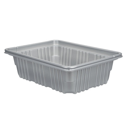 Futura 34 oz Silver Plastic Take Out Box - with Clear Lid, Microwavable, Inserts Available - 8 1/4" x 6" x 2 1/2" - 100 count box