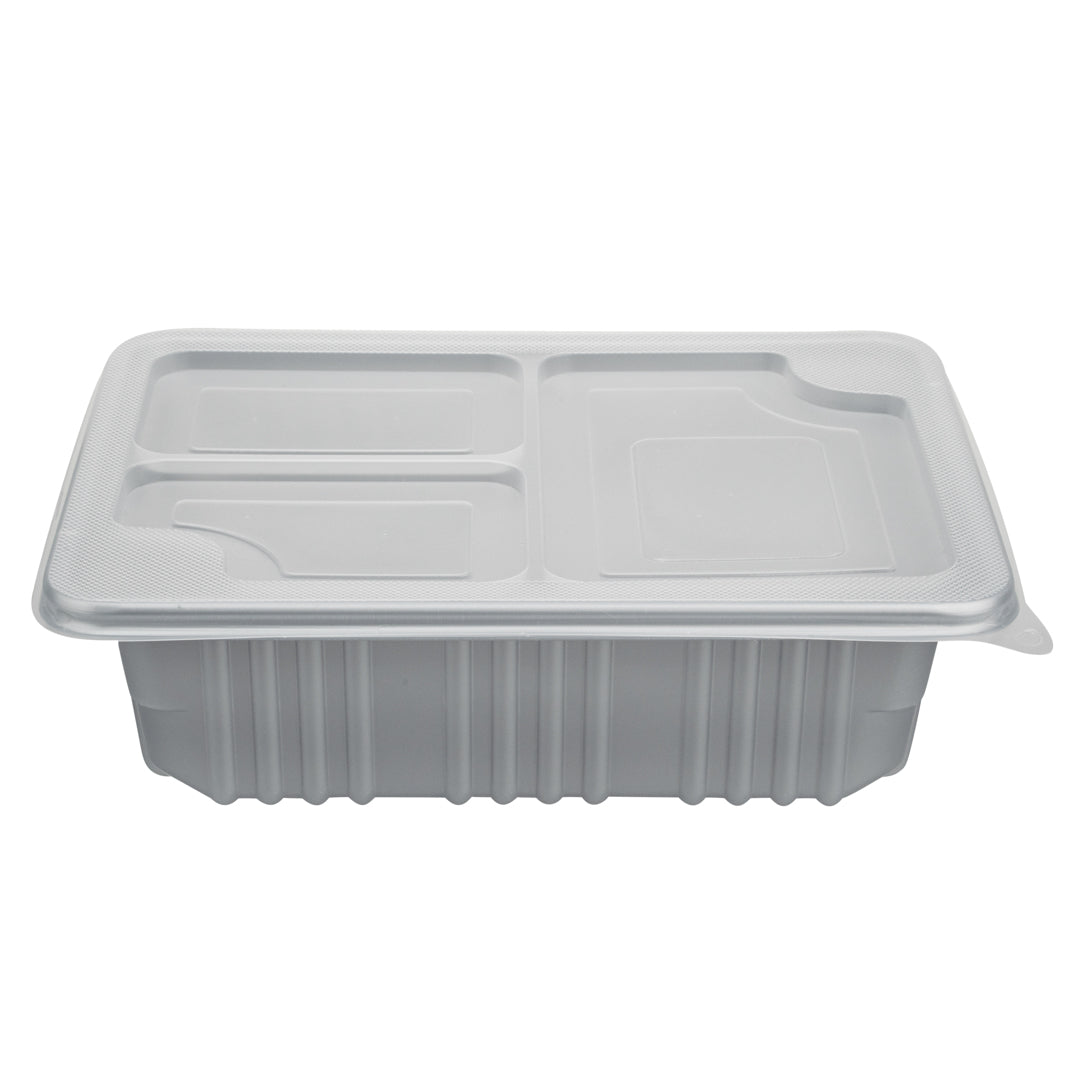 Futura 34 oz Silver Plastic Take Out Box - with Clear Lid, Microwavable, Inserts Available - 8 1/4" x 6" x 2 1/2" - 100 count box