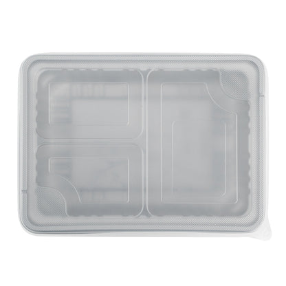 Futura 34 oz Silver Plastic Take Out Box - with Clear Lid, Microwavable, Inserts Available - 8 1/4" x 6" x 2 1/2" - 100 count box