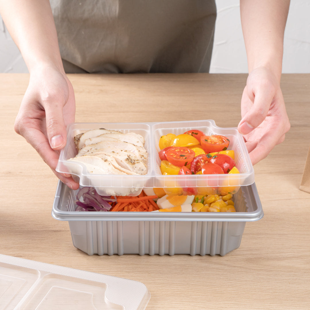 Futura 14 oz Clear Plastic 2-Compartment Insert Tray - Fits 34 oz Box, Microwavable - 100 count box