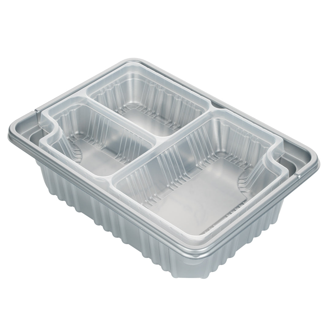 Futura 14 oz Clear Plastic 3-Compartment Insert Tray - Fits 34 oz Box, Microwavable - 100 count box