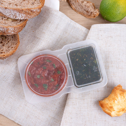 Futura 5 oz Clear Plastic Sauce Container - with Hinged Lid, 2-Compartment, Microwavable - 4" x 3 1/4" x 1" - 100 count box