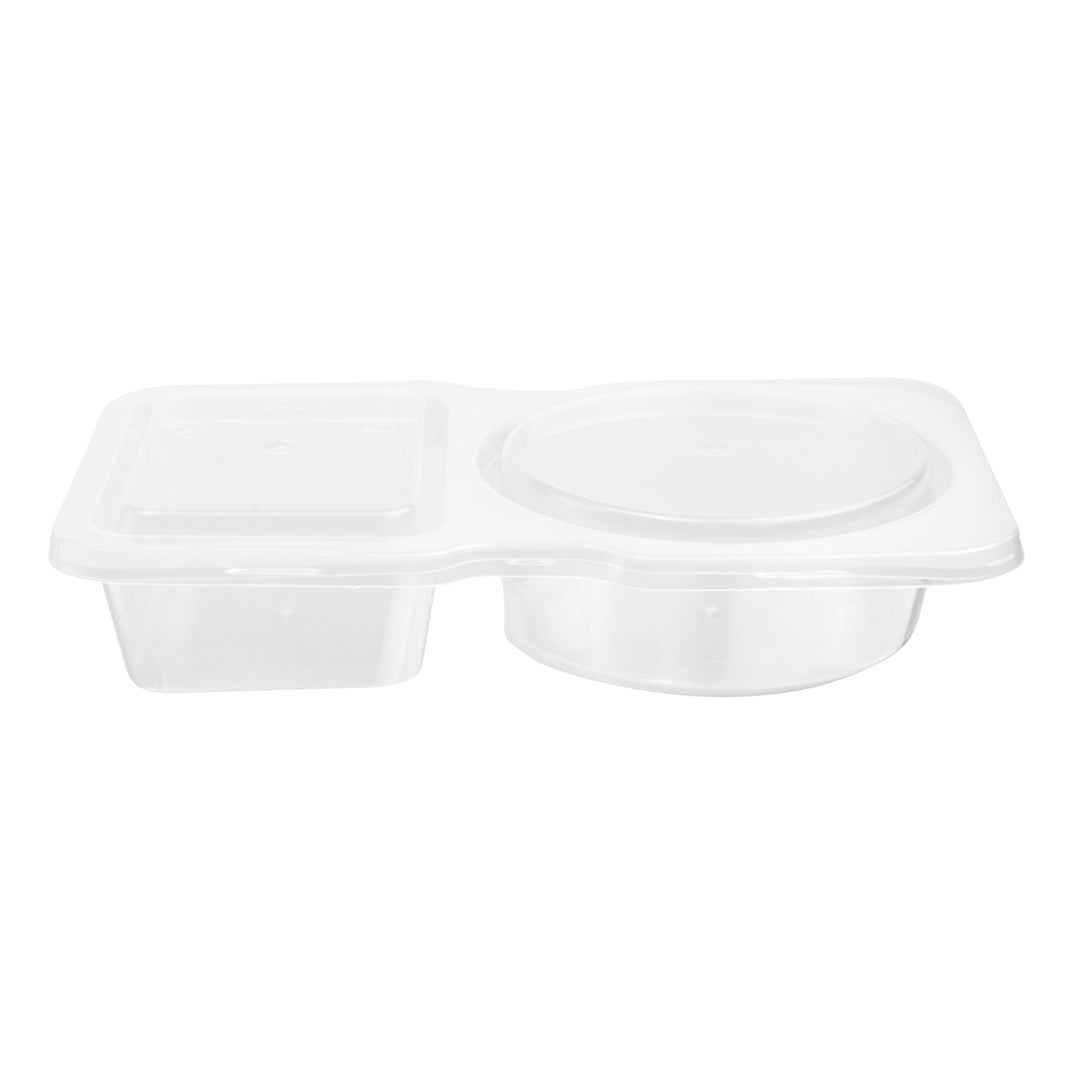 Futura 5 oz Clear Plastic Sauce Container - with Hinged Lid, 2-Compartment, Microwavable - 4" x 3 1/4" x 1" - 500 count box