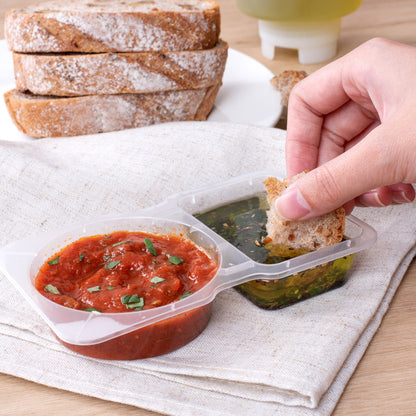 Futura 5 oz Clear Plastic Sauce Container - with Hinged Lid, 2-Compartment, Microwavable - 4" x 3 1/4" x 1" - 500 count box